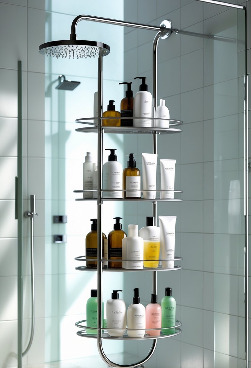 A bathroom shower with a multi-tiered shower caddy holding shampoo, conditioner, and body wash bottles.