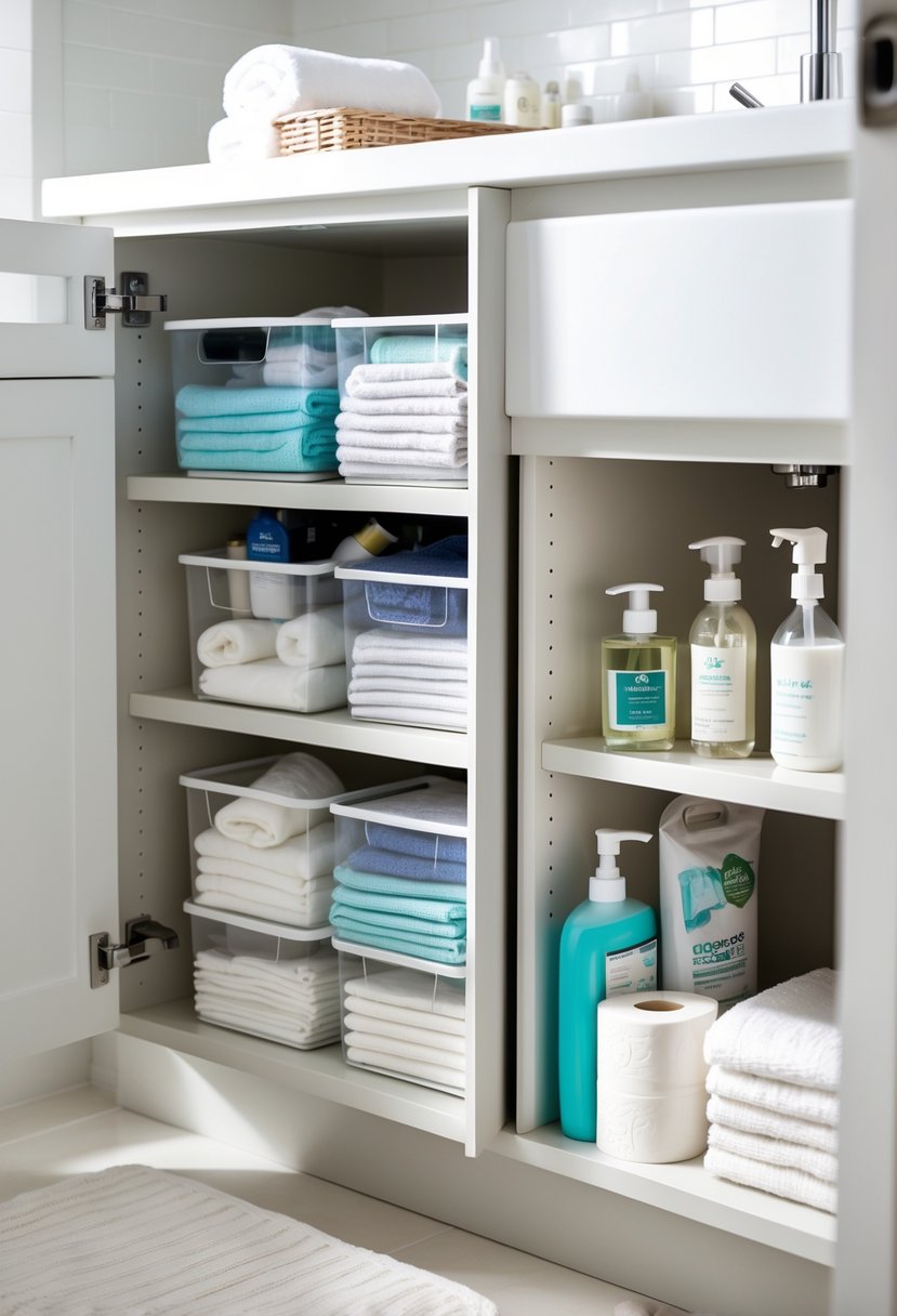 Open bathroom cabinet under sink with neatly organized stackable storage bins holding towels, toiletries, and cleaning supplies.