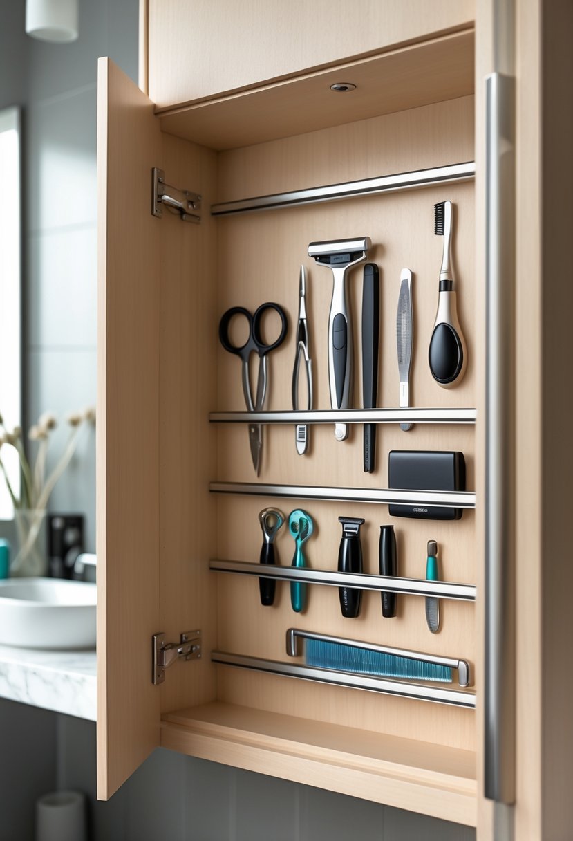 Inside a bathroom cabinet, metal grooming tools are neatly held on magnetic strips attached to the cabinet doors.