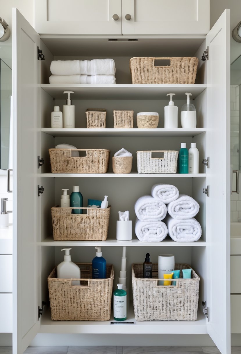 Open bathroom cabinet with neatly arranged baskets and bins holding towels and toiletries for organized storage.