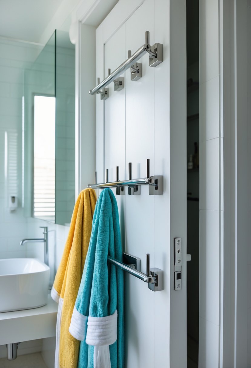 Back of a bathroom door with towel bars and hooks holding towels and a bathrobe in a bright, clean bathroom.