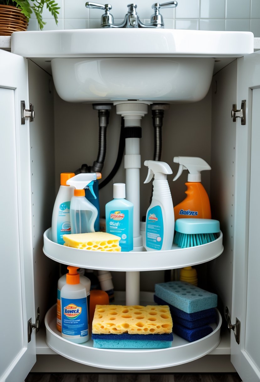Under-sink bathroom cabinet with a tiered lazy Susan organizing cleaning supplies like spray bottles and sponges.