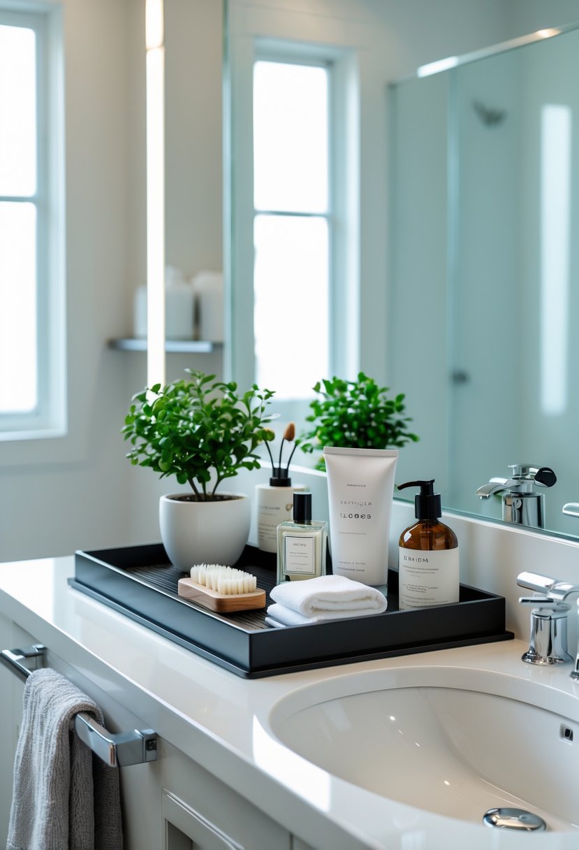 A bathroom vanity with a tray holding toiletries and a small plant on a clean countertop next to a sink.