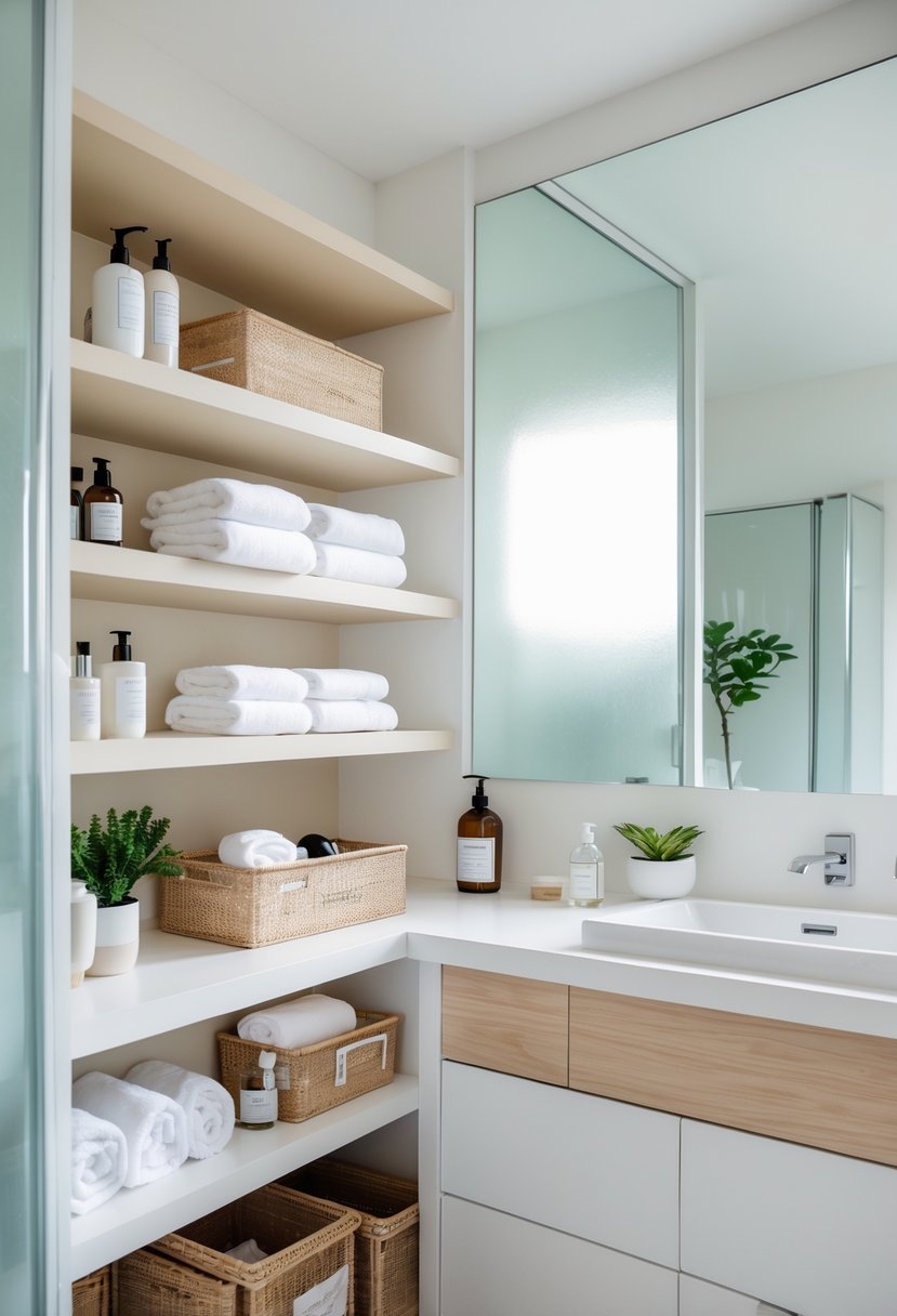 A clean and organized bathroom with neatly arranged toiletries, folded towels, and clear containers on shelves, illuminated by natural light.
