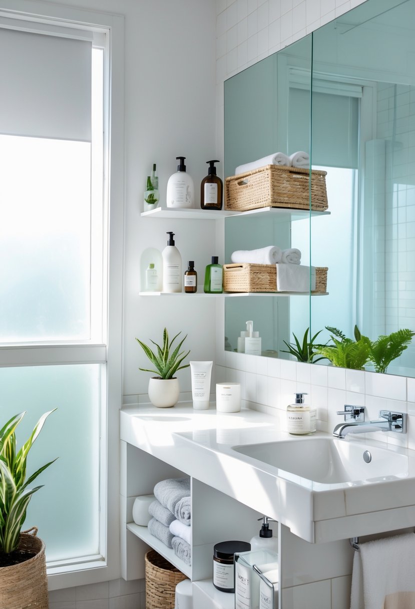A clean and organized bathroom with neatly arranged toiletries, folded towels, and storage containers on shelves.