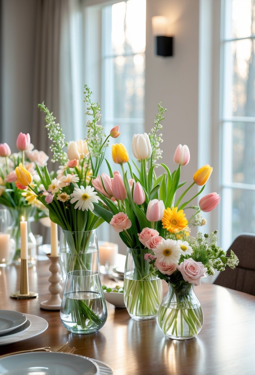 Dining room table with fresh seasonal flower arrangements as centerpieces in clear glass vases.