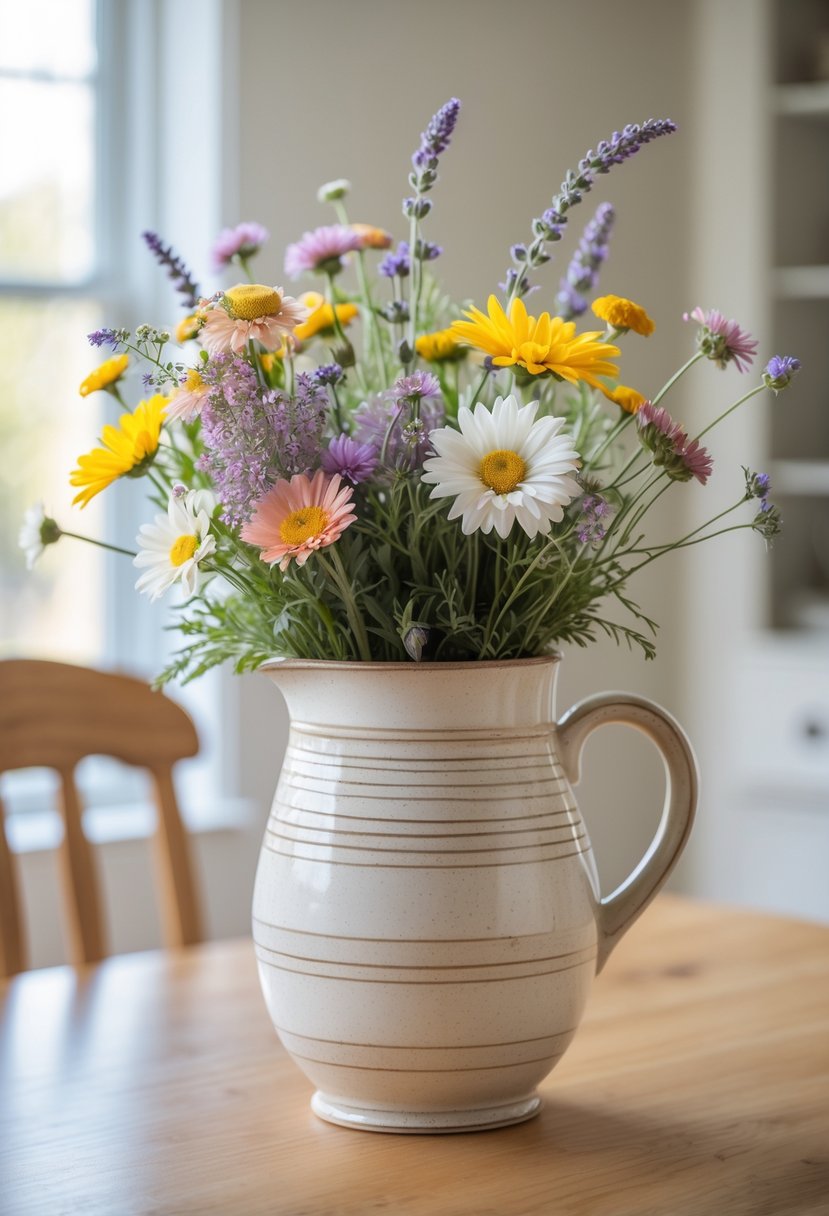 A ceramic pitcher filled with wildflowers placed on a wooden dining table in a bright room.