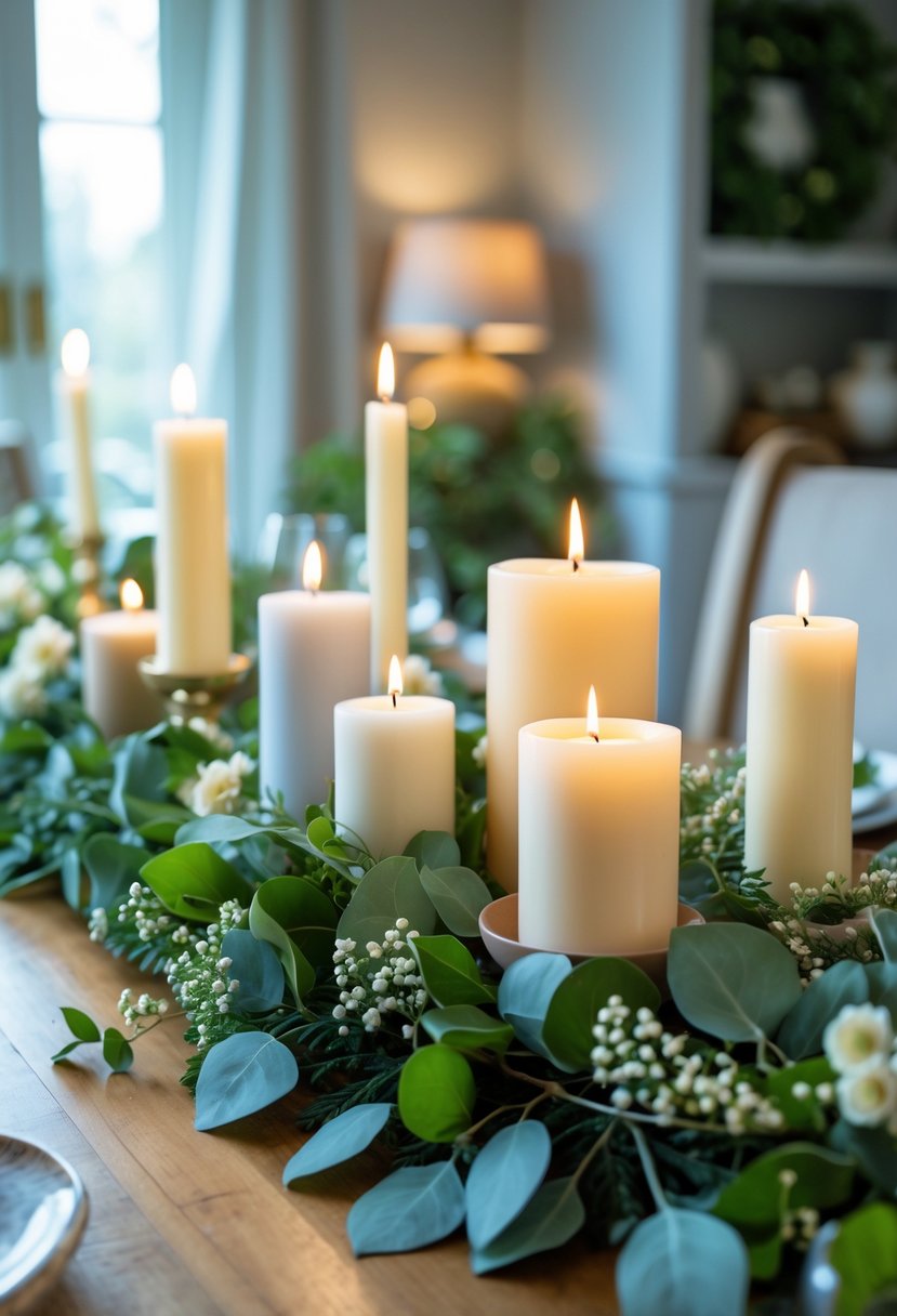 A dining room table centerpiece with scented candles and a greenery garland arranged on a wooden table.