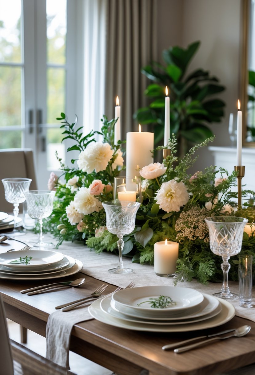 A dining room table with an elegant floral and candle centerpiece surrounded by neatly arranged dinnerware and glassware.