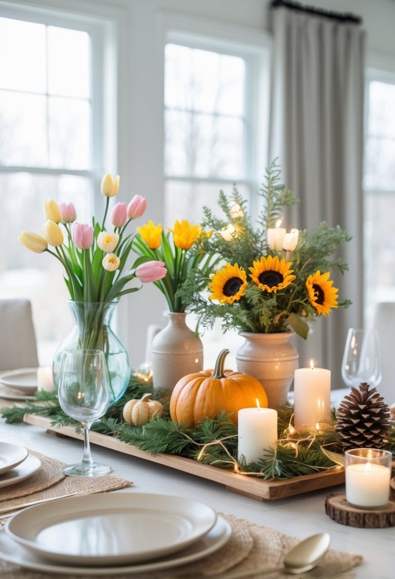 A dining room table with four different seasonal centerpieces arranged along its length, each representing spring, summer, fall, and winter.