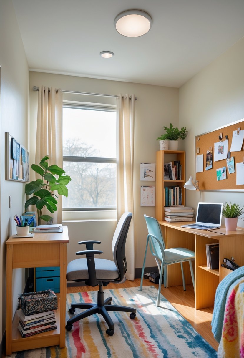 A tidy college dorm room with a bed, desk with laptop and books, a chair, a potted plant, a corkboard on the wall, and a window letting in natural light.