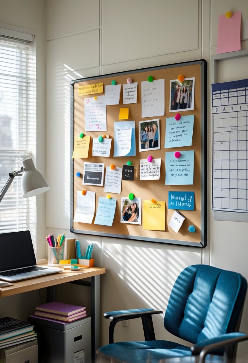 A college dorm room with a magnetic board covered in notes and photos, a desk with books and a laptop, and a chair nearby.