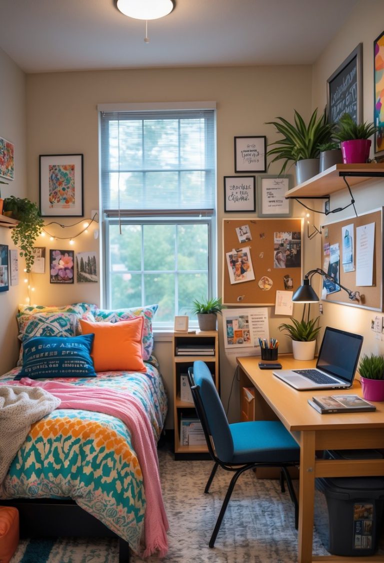 A personalized college dorm room with a made bed, desk with laptop and books, photos on a corkboard, string lights, plants, and decorative items.