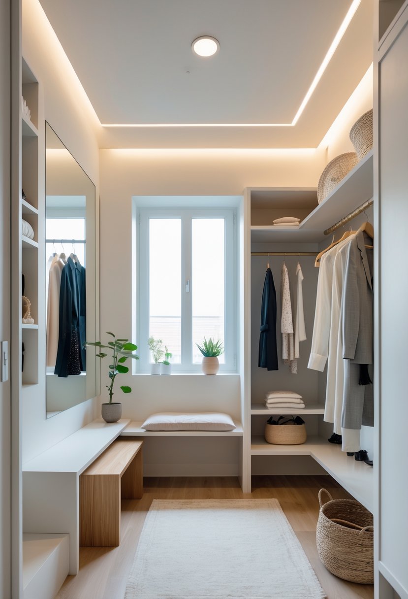 A small dressing room with a full-length mirror, clothing rack, bench, shelves with clothes, and a potted plant.