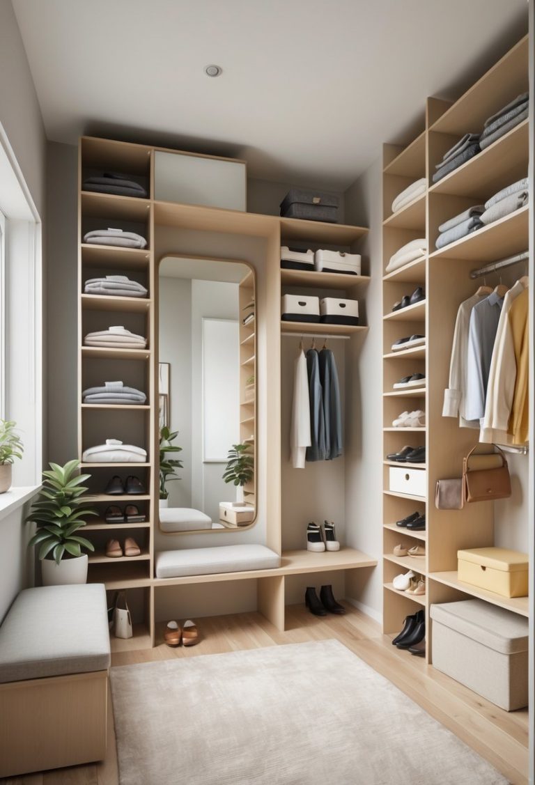 Small dressing room with open shelves holding clothes and shoes, a mirror, bench, and a plant.