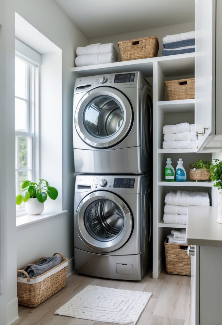 Small laundry room with a stacked washer and dryer unit, shelves with laundry supplies, and a potted plant.