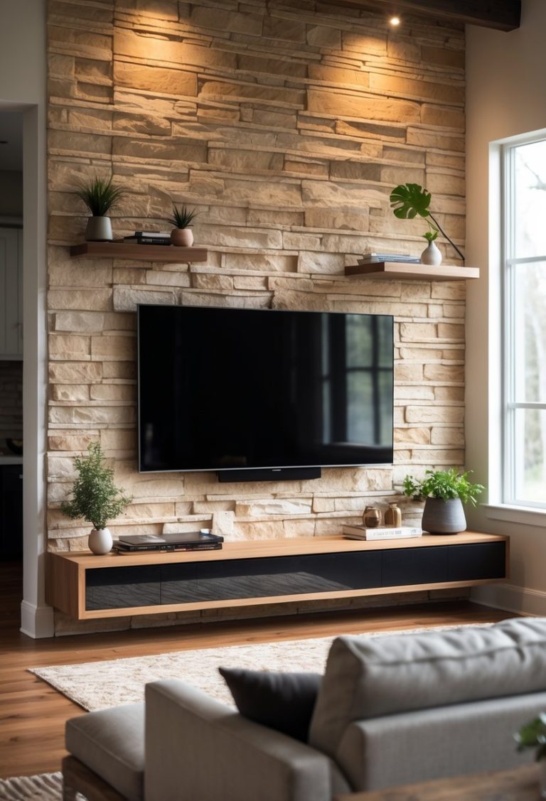 A living room with a large TV mounted on a textured stone or brick wall, featuring shelves with plants and decorations, a sofa, and natural lighting.