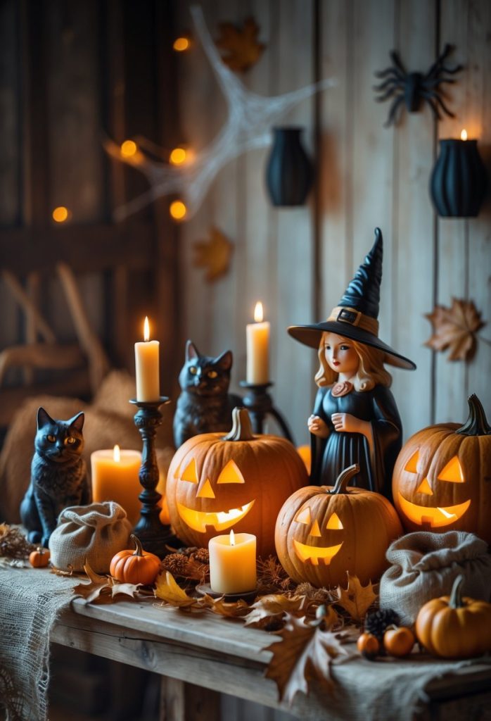 A cozy indoor scene with vintage Halloween decorations including carved pumpkins, antique witches and black cats, dried leaves, and candles on a wooden table.