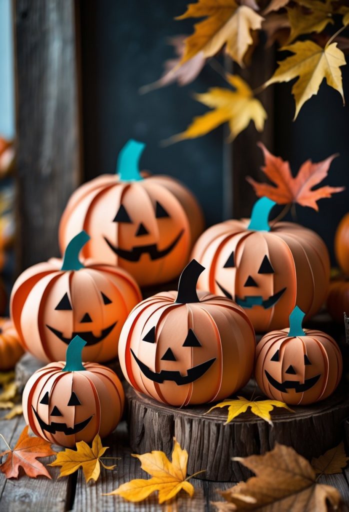 A collection of vintage pumpkin paper cutouts arranged with autumn leaves on a wooden surface.