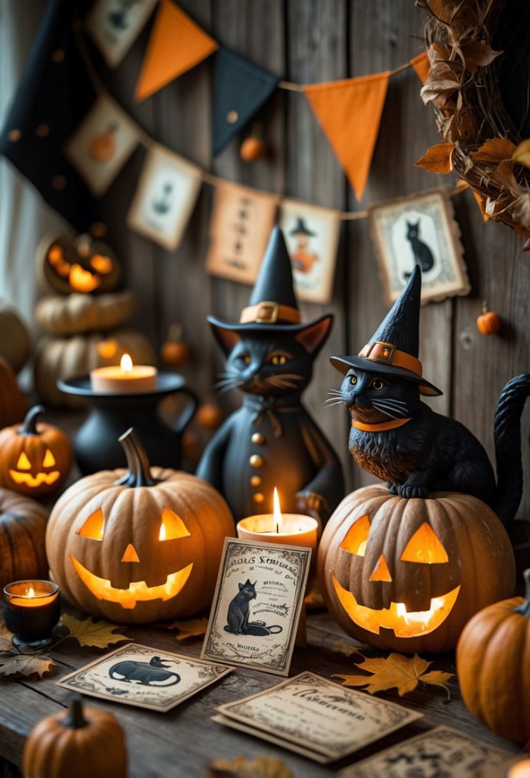 A cozy indoor scene with vintage Halloween decorations including carved pumpkins, old Halloween cards, black cat and witch figurines, and autumn leaves on a wooden table.