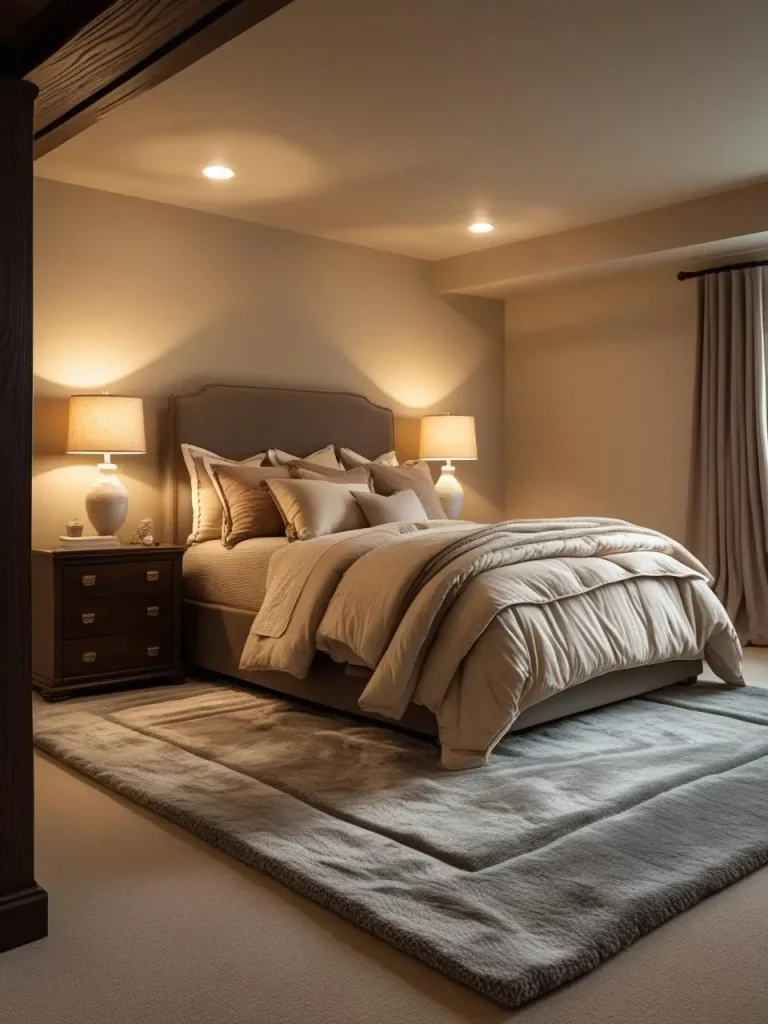 A beautifully styled cozy basement bedroom with layered bedding, warm lighting, a large textured rug, and wooden accents, soft neutral walls, glowing lamps, inviting atmosphere, shot from a wide angle, realistic.