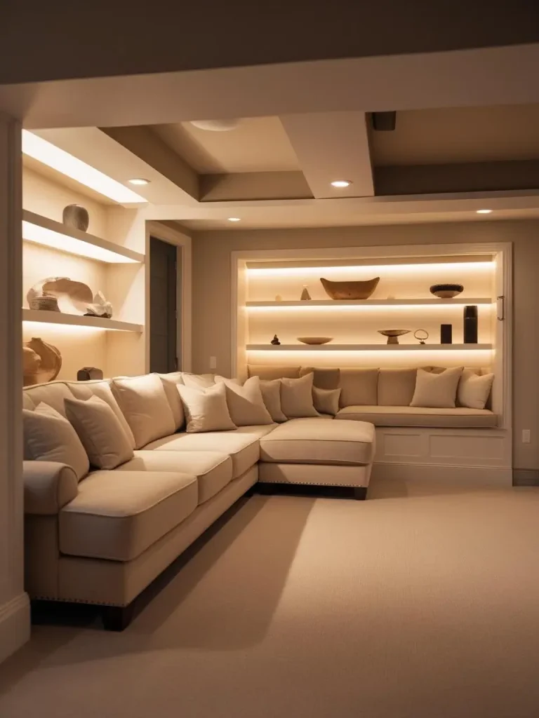 A wide-angle shot of a beautifully finished basement with a cozy lounge area, warm lighting, soft beige sectional sofa, modern decor, open shelves, and a neutral color palette, shot in natural and warm ambient light.