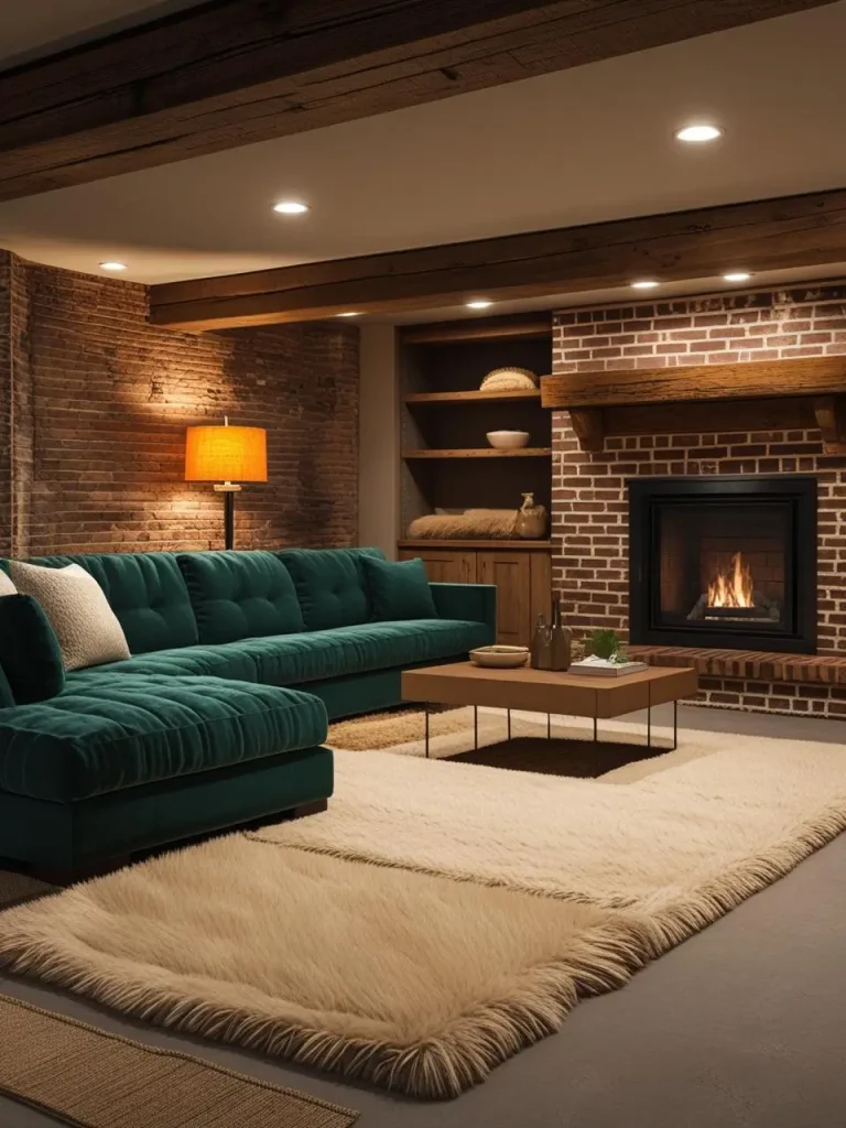 A realistic and warm basement family room, featuring a large sectional sofa, a fireplace, soft rugs, and ambient lighting, with a mix of modern and rustic decor styles, photographed from a wide-angle view.