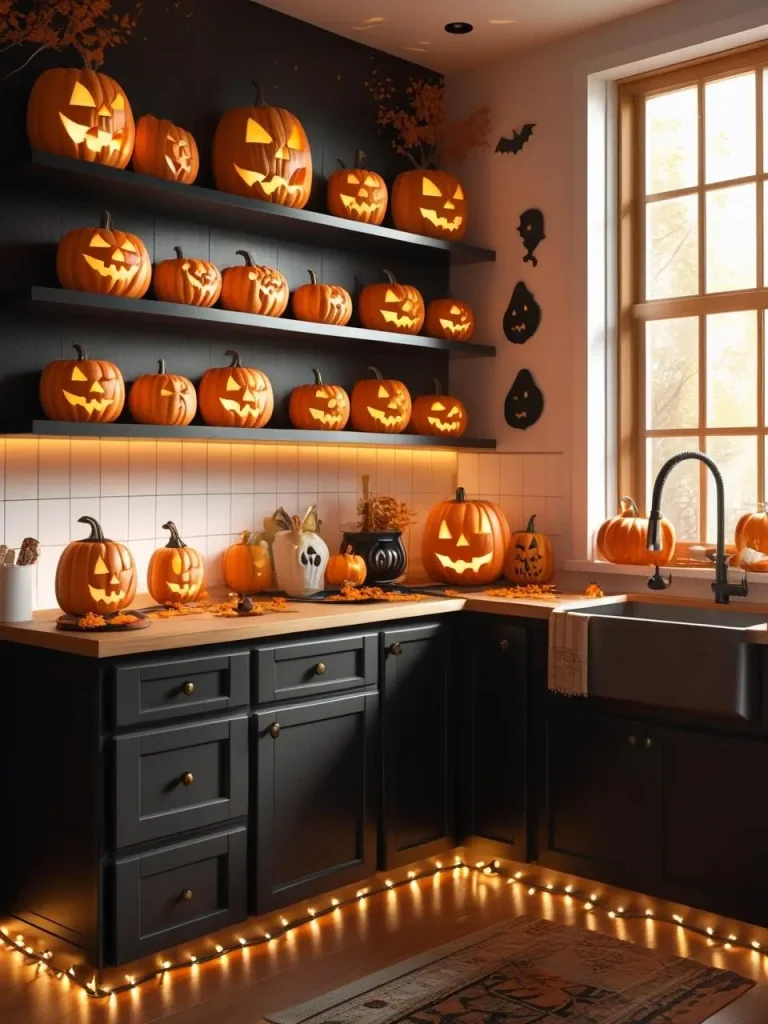 A warm, inviting kitchen decorated for Halloween with a black-and-orange theme, floating shelves filled with pumpkins and spooky mugs, string lights glowing under cabinets, realistic photography, cozy fall atmosphere.