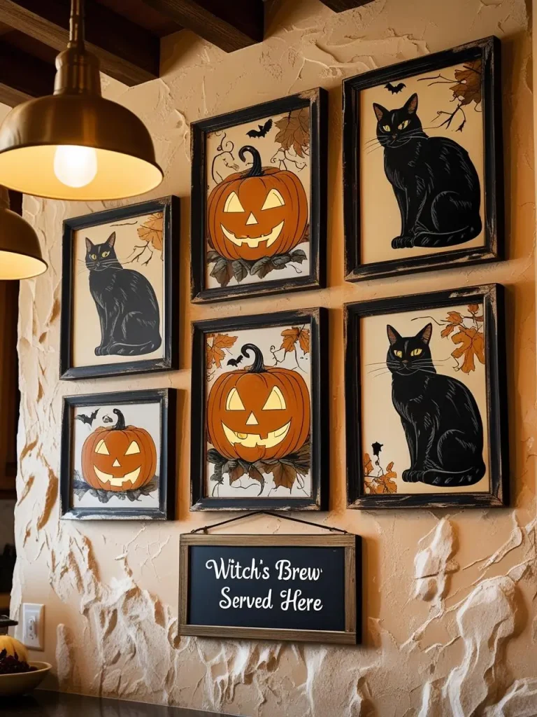 Rustic kitchen wall adorned with framed vintage Halloween prints featuring black cats and jack-o’-lanterns, alongside a chalkboard sign in handwritten script reading “Witch’s Brew Served Here,” set against a texture.