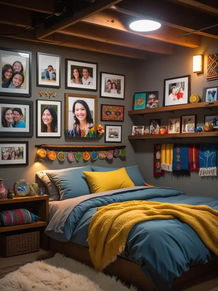 Basement bedroom walls decorated with an arrangement of framed personal photos, colorful travel souvenirs displayed on shelves, and bedding in favorite colors; cozy textures and warm lighting enhance the homey.