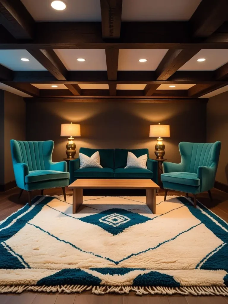 Basement sitting area with a large Moroccan-patterned wool rug in cream and blue, mid-century wooden coffee table, plush armchairs, layered lighting from table lamps and recessed ceiling lights, and exposed wooden.