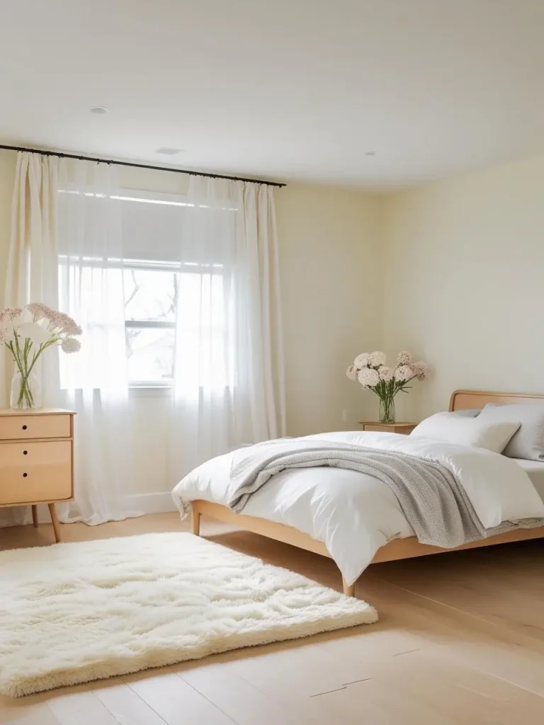 A bright, airy basement bedroom with soft cream walls, minimal Scandinavian-style furniture, light oak floors, and plush layered bedding. A large area rug and a vase with fresh flowers sit near a window.