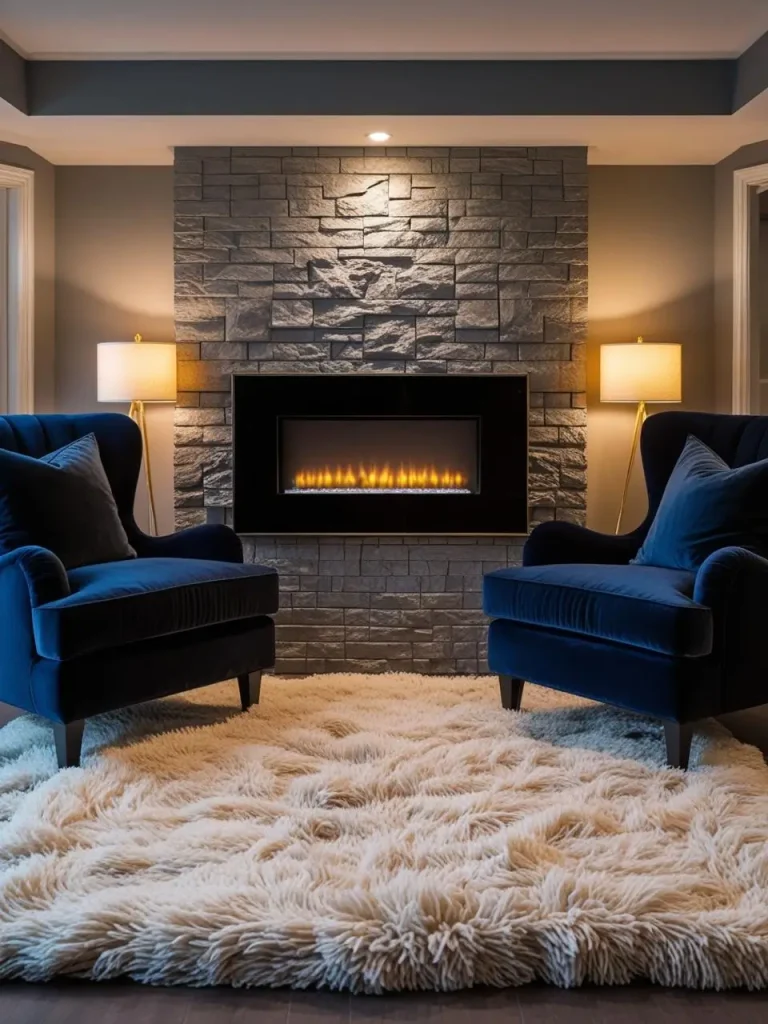 Elegant basement family room with a sleek black electric fireplace set into a stone accent wall, two oversized velvet armchairs in deep navy, a cream shag area rug, and soft golden floor lamps casting a cozy glow,