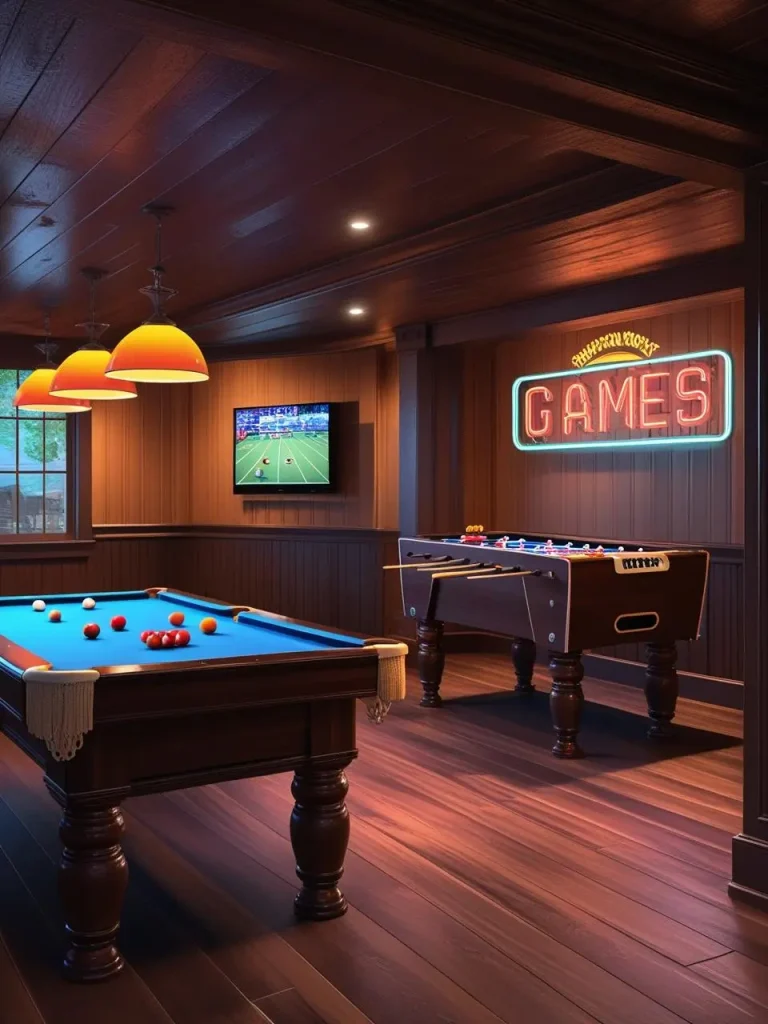 Vibrant basement game room featuring a polished wooden pool table with balls set for a game, foosball table in the corner, wall-mounted flat-screen TV, neon wall signs, and warm overhead pendant lighting casting.