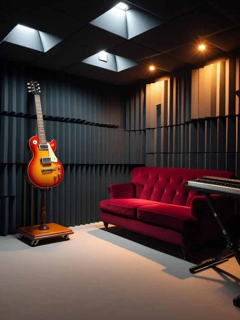 A soundproof basement music studio with dark acoustic foam panels, a vintage guitar on a stand, a keyboard on a sturdy stand, and a plush sofa for guests. Warm spotlights highlight the instruments.