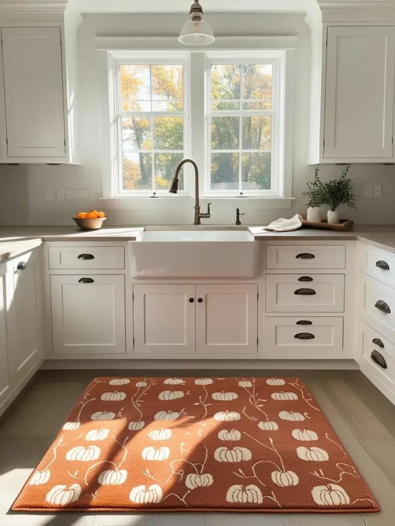 A modern kitchen with a plush rectangular rug in muted orange tones, subtly patterned with pumpkins and vines, placed in front of a farmhouse sink, clean white cabinetry and bright sunlight streaming through a near.
