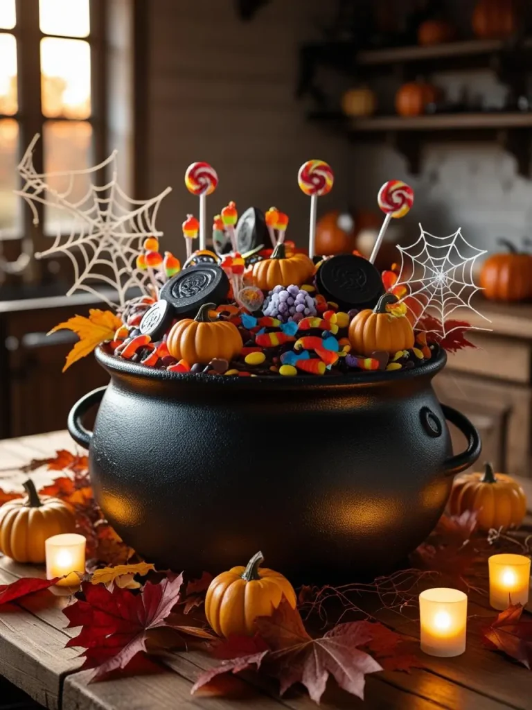 A rustic farmhouse kitchen table with a large matte-black cauldron centerpiece overflowing with assorted Halloween candies, glossy mini pumpkins, tangled faux spider webs, and small LED candles glowing softly.