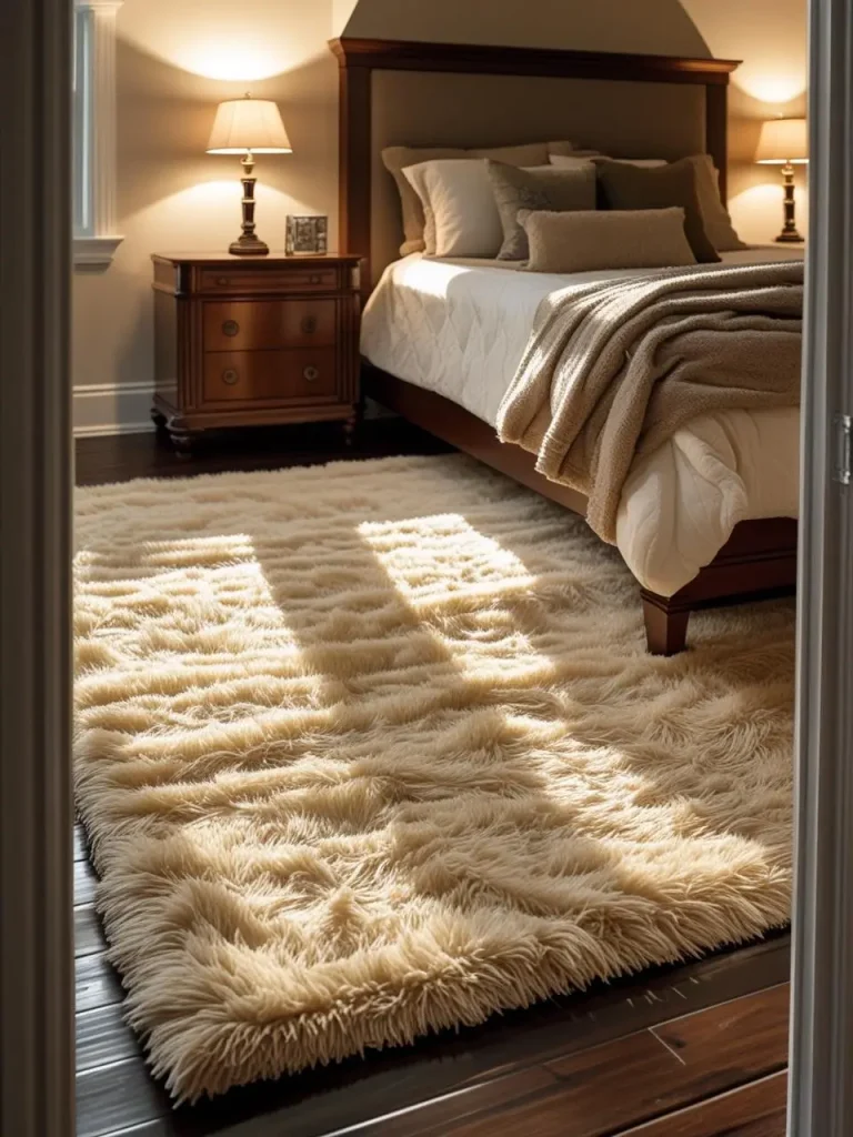 Plush high-pile area rug in cream and taupe tones placed under a queen-size bed in a finished basement bedroom; layered over dark wooden floors, surrounded by warm-tone furniture; soft natural textures highlighted.