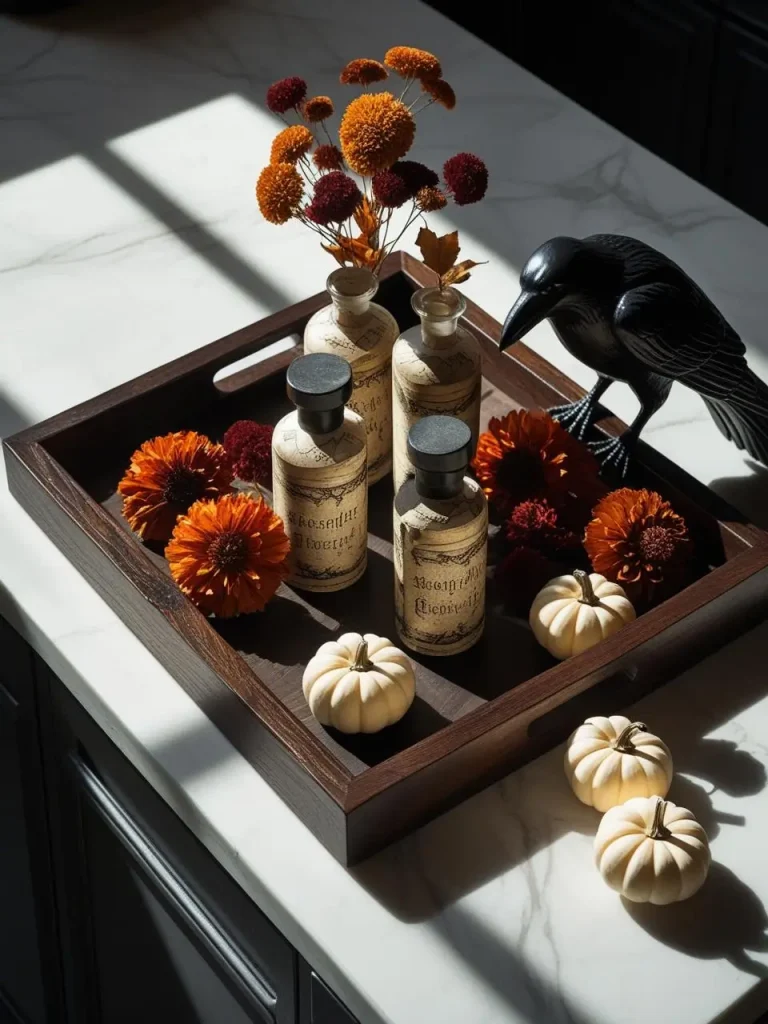 An elegant wooden tray on a marble kitchen island holding antique-style potion bottles with aged labels, a glossy black raven figurine, dried autumn flowers, and tiny white pumpkins, moody directional lighting.