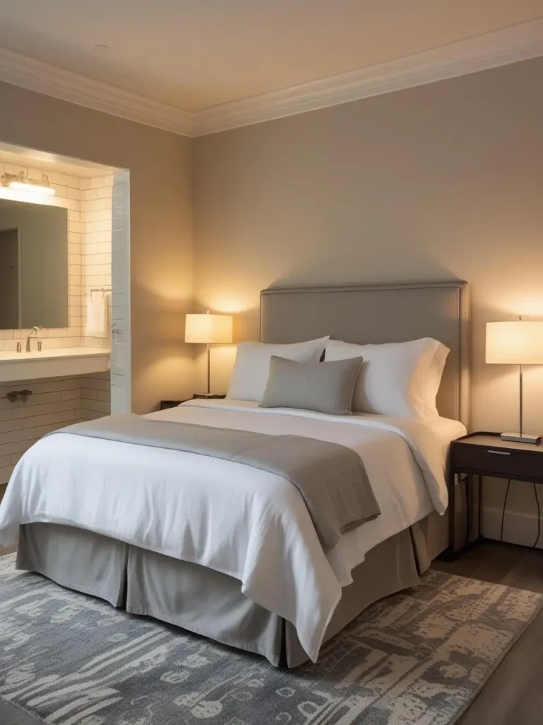 A welcoming basement guest suite featuring a queen-sized bed with crisp white bedding, neutral beige and soft gray accents, bedside tables with modern lamps, and a small en-suite bathroom visible in the background.