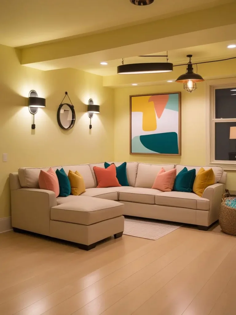Basement space painted in a soft pastel yellow, layered lighting from modern black sconces, industrial pendant lights, and floor lamps, neutral beige sectional sofa with colorful throw pillows, light hardwood floor.