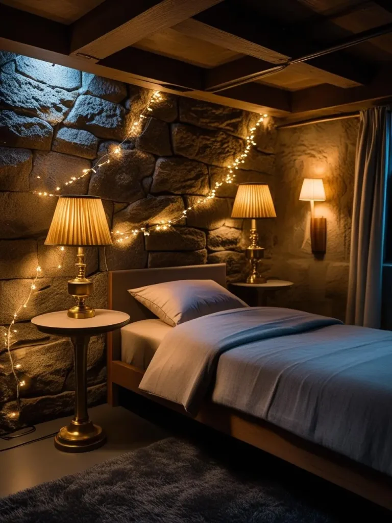 Cozy basement bedroom softly illuminated by vintage-style table lamps, delicate fairy lights draped along the wall, and modern wall sconces emitting a golden glow; warm color temperature, subtle shadows on textured.