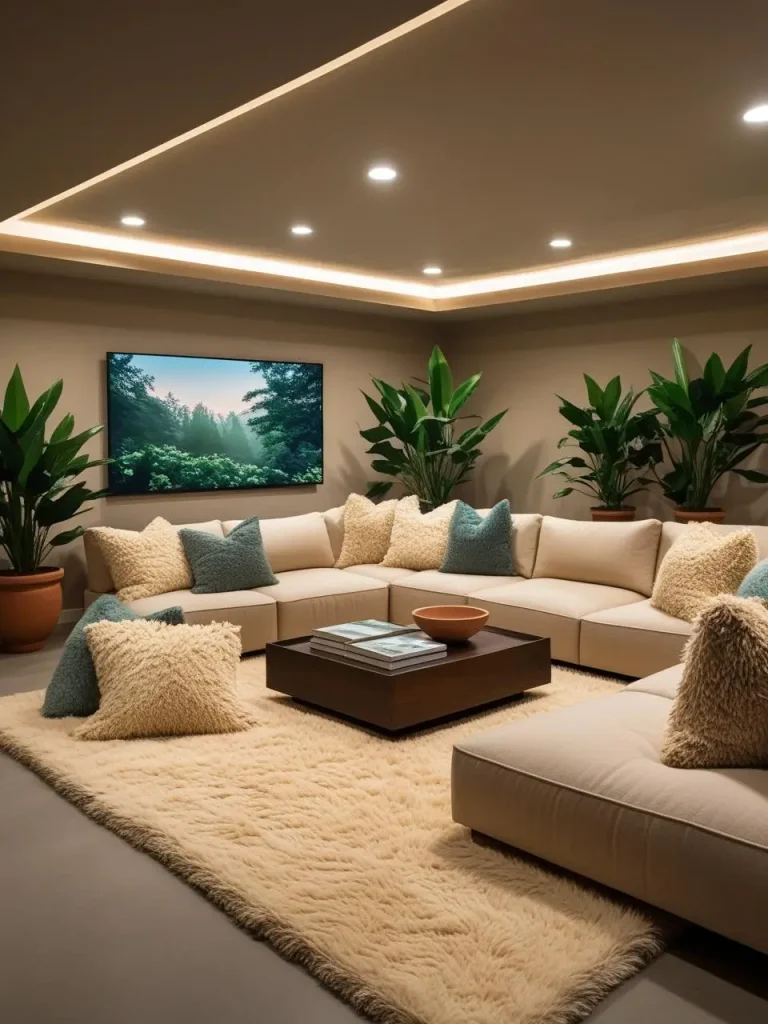 A spacious, open-concept basement family lounge with a large L-shaped beige sectional sofa, ultra-soft textured rug, wall-mounted flat-screen TV, and warm ambient recessed lighting. Decorative throw pillows, indoor.