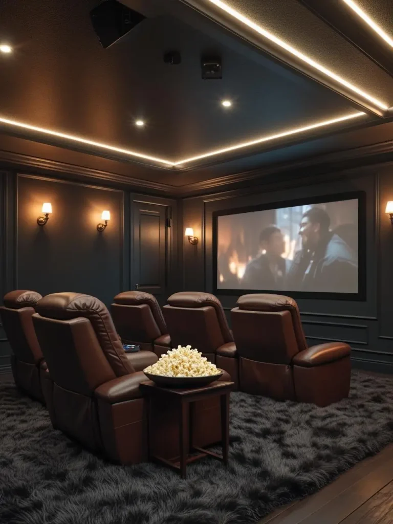 Ultra-realistic view of a basement movie lounge with plush leather recliner chairs, a large wall-mounted projector screen, soft LED strip lighting along the ceiling edges, and a warm dim glow from wall sconces.