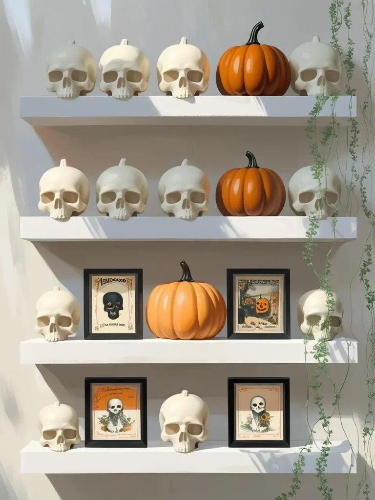 Minimalist floating shelves painted white, styled with miniature skull figurines, matte ceramic pumpkins in cream and burnt orange, small vintage Halloween postcards in black frames, and trailing greenery, softly.