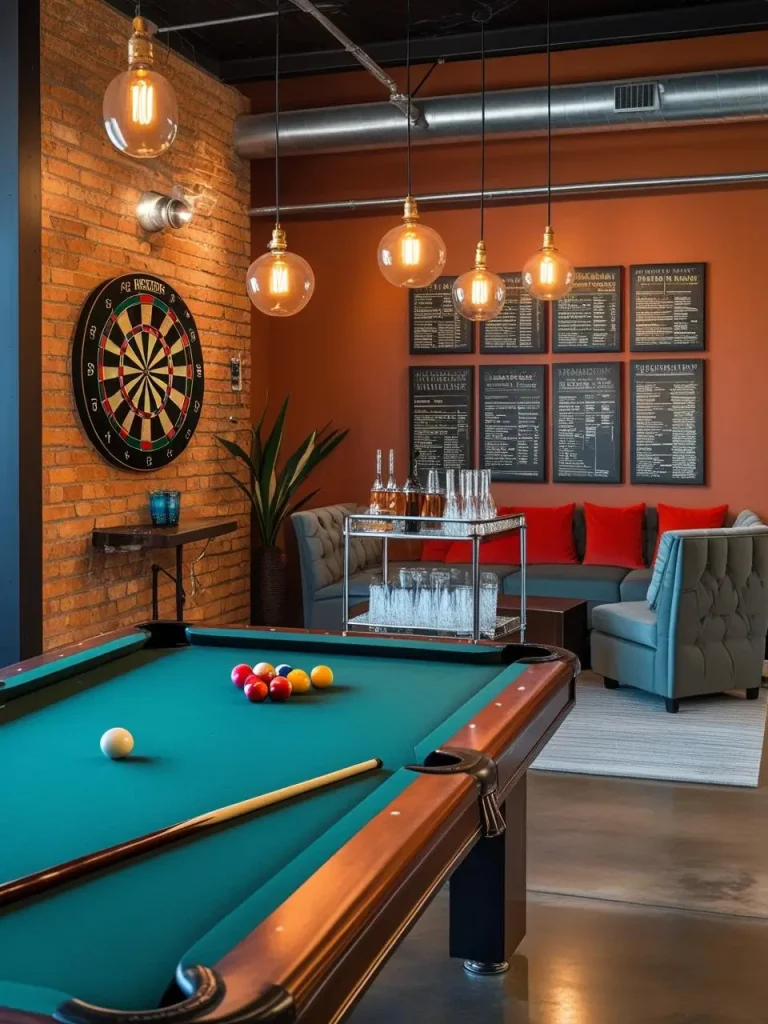 A lively entertainment space with a full-size pool table, a dartboard mounted on a brick accent wall, a sleek bar cart, and casual lounge seating. Overhead pendant lights create a fun and social vibe.