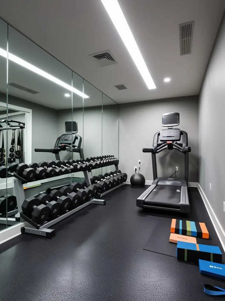 A bright and functional home gym with rubberized black flooring, a full mirrored wall, dumbbell racks, a treadmill, and a yoga mat station. Overhead LED lighting keeps the space vibrant and motivating.