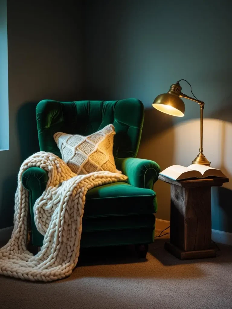 Inviting reading corner in a basement bedroom with a deep upholstered armchair, knitted throw blanket, small wooden side table, and vintage reading lamp; open book resting on the armrest; warm, golden light.