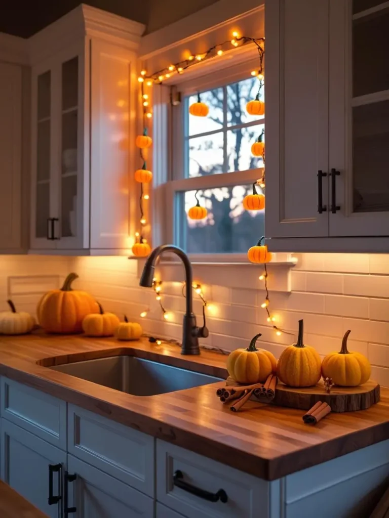 A cozy kitchen corner with strands of warm amber fairy lights draped under white cabinets, pumpkin-shaped string lights outlining the window frame, casting a golden glow across a countertop with mini gourds.