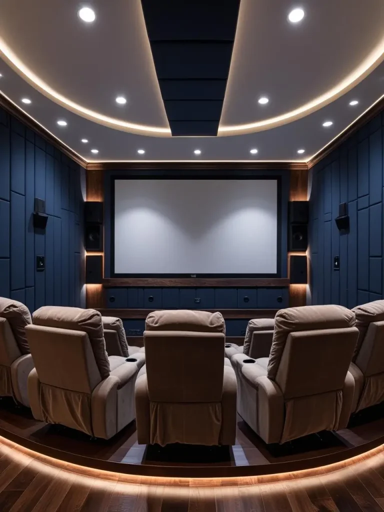 A luxurious home theater in a finished basement with deep recliner chairs, a massive wall projector screen, immersive surround sound speakers, dark navy acoustic wall panels, and subtle LED strip lighting.